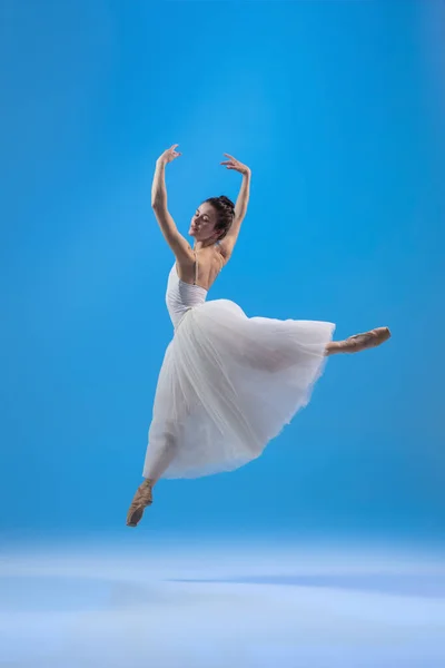 Jovem e graciosa dançarina de balé isolada no fundo do estúdio azul. Arte, movimento, ação, flexibilidade, conceito de inspiração. — Fotografia de Stock