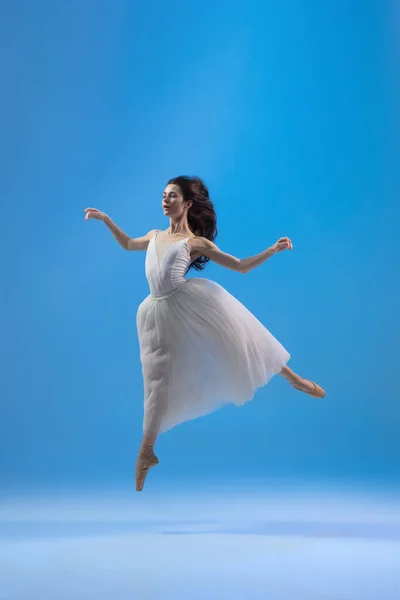 Young and graceful ballet dancer isolated on blue studio background. Art, motion, action, flexibility, inspiration concept. — Stock Photo, Image