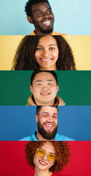 Collage van hedendaagse jonge mannen en vrouwen die naar de camera kijken — Stockfoto