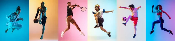 Collage van verschillende professionele sporters, fit mensen in actie en beweging geïsoleerd op kleur achtergrond. Vlieger. — Stockfoto