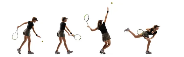 Haut vol. Les jeunes joueurs de tennis caucasiens courir et sauter sur fond de studio blanc. — Photo