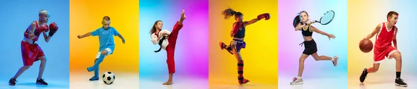 Futebol, basquetebol, taekwondo, boxe e ténis. Colagem de diferentes pequenos desportistas em ação — Fotografia de Stock