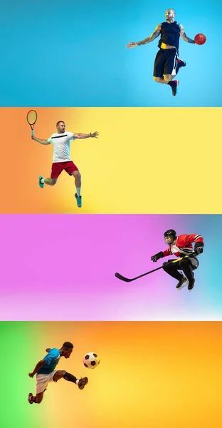 Collage verschiedener professioneller Sportler, fitte Menschen in Aktion und Bewegung isoliert auf farbigem Hintergrund. Flyer. — Stockfoto