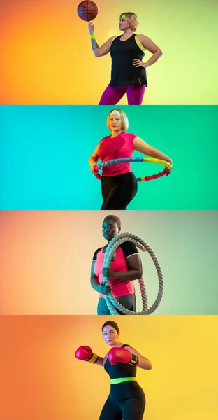 Collage av olika foton av plus-size kvinna i aktion och rörelse isolerad på grön eller gul studio bakgrund. — Stockfoto