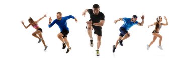 Development of motions of young athletic fit men and women in action isolated over white background. Flyer. clipart