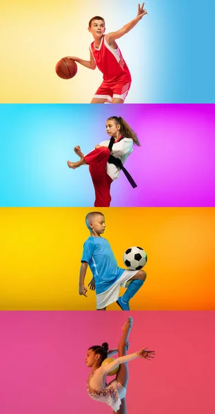 Sepak bola sepak bola, basket, taekwondo, tinju dan tenis. Kumpulan olahragawan kecil yang berbeda dalam aksi — Stok Foto