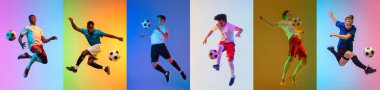 Farklı profesyonel sporculardan oluşan bir kolaj. Renkli arka planda izole edilmiş hareket ve harekete hazır insanlar. El ilanı.