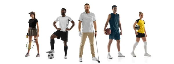 Sportkollage. Tennis, fitness, fotboll, boxning, golf, hockeyspelare poserar isolerad på vit studio bakgrund. — Stockfoto
