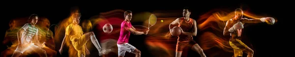 Deportistas jugando baloncesto, tenis, fútbol, boxeo sobre fondo negro en luz mixta. —  Fotos de Stock