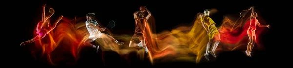 Sportsmen playing basketball, tennis, soccer football, gymnastics on black background in mixed light. — Stock Photo, Image