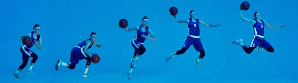 Volando. Hermosa jugadora de baloncesto en movimiento y acción en luz de neón sobre fondo azul. Concepto de estilo de vida saludable, deporte profesional, hobby. — Foto de Stock