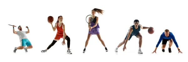 Collage sportif. Tennis, basket, running hommes et femmes en mouvement — Photo