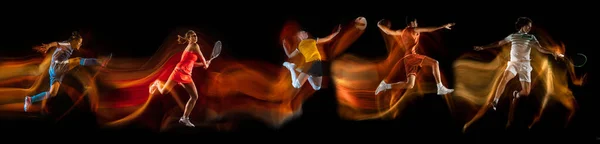 Sportowcy grający w koszykówkę, tenisa, piłkę nożną, siatkówkę na czarnym tle w świetle mieszanym. — Zdjęcie stockowe