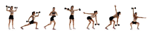 Caucasian fit woman with black dumbbell in action. — Stock Photo, Image