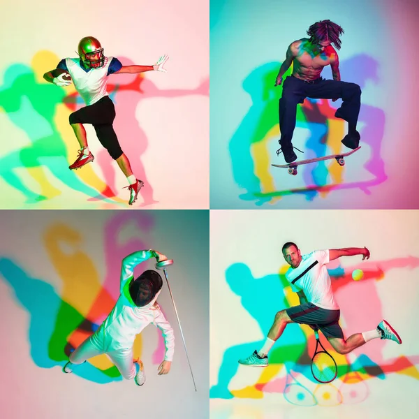 Collage av olika professionella idrottare, passar människor i aktion och rörelse isolerad på färg bakgrund. Flygblad. — Stockfoto