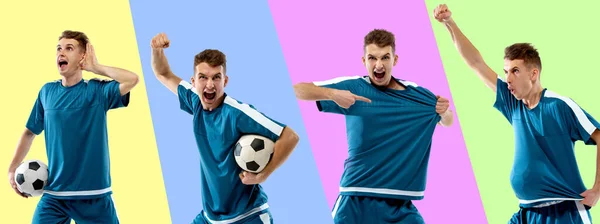 The male unhappy soccer or football player arguing with a judge. The professional soccer football and human emotions concept. — Stock Photo, Image