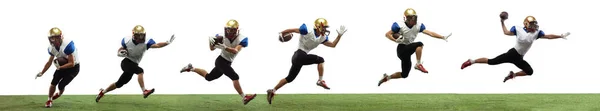 American football player isolated on white studio background with copyspace. Professional sportsman during game playing in action and motion. — Stock Photo, Image