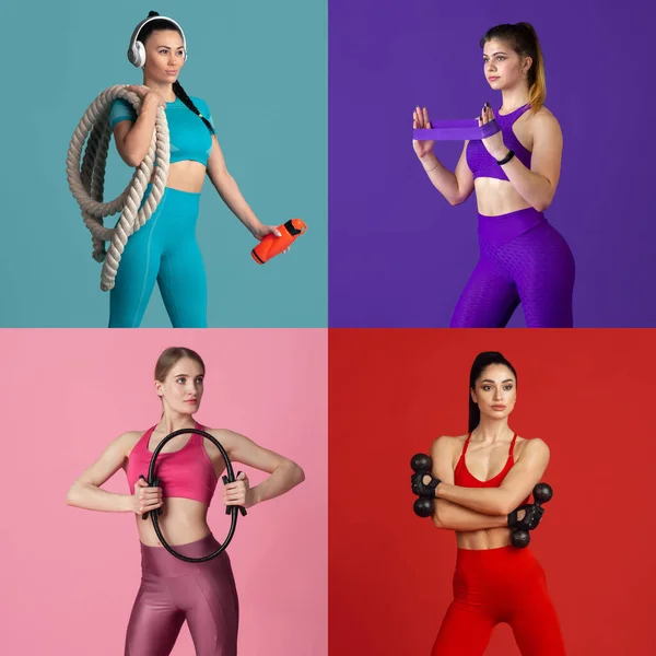 Sportovní koláž mladé fit ženy v akci a pohybu přes červené studio pozadí v profilu. — Stock fotografie