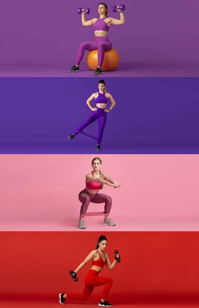 Collage sportivo di giovane donna in forma in azione e movimento su sfondo rosso studio di profilo. — Foto Stock