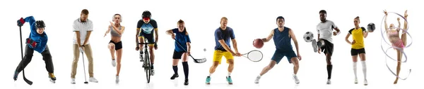 Collage deportivo. Tenis, fútbol, jugadores de baloncesto posando aislados en el fondo blanco del estudio. —  Fotos de Stock