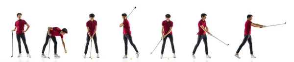Colagem de homem jogando golfe no fundo branco — Fotografia de Stock