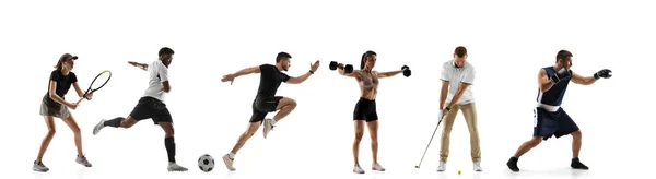 Collage sportivo. Tennis, boxe, calcio, fitness, golf, running men e donne in movimento — Foto Stock