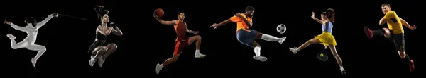 Sportsmen playing basketball, tennis, soccer football, fencing fitness on black background in mixed light. — Stock Photo, Image