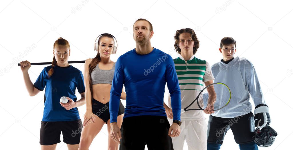 Sport collage. Tennis, hockey, fitness players posing isolated on white studio background.