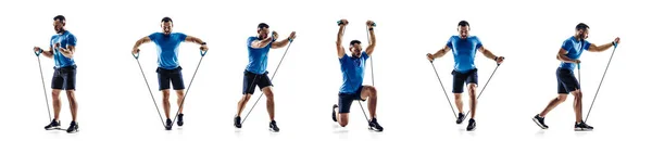 Collage about sportsman performing squats as secure resistance rope between legs, stretch loop with knee, clench arms together — Fotografia de Stock