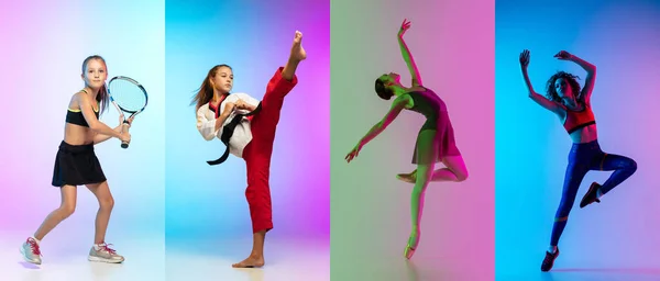 Fitness, ballet, taekwondo, tennis. Collage of different little sportsmen in action — Stok fotoğraf