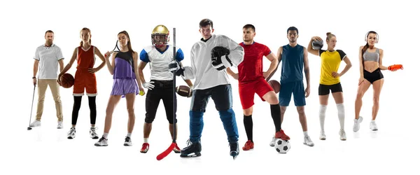 Colagem desportiva. Tênis, futebol, jogadores de basquete posando isolados no fundo do estúdio branco. — Fotografia de Stock