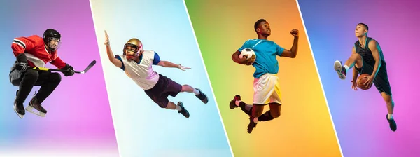 Collage of different professional sportsmen, fit people isolated on color background. Flyer. — Stock Photo, Image