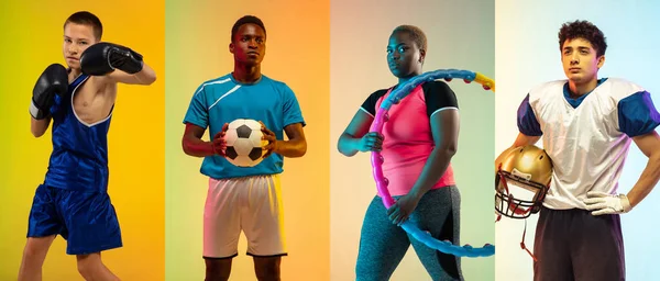 Koláž různých profesionálních sportovců, fit lidí v akci a pohybu izolovaných na barevném pozadí. Oznámení. — Stock fotografie