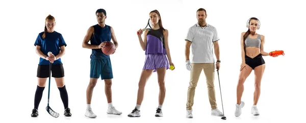 Sport collage. Tennis, basketball, hockey, fitness, golf players posing isolated on white studio background. —  Fotos de Stock