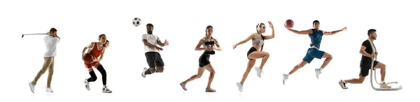 Collage deportivo. Tenis, fútbol, jugadores de baloncesto posando aislados en el fondo blanco del estudio. —  Fotos de Stock