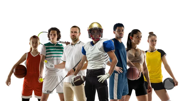 Sport collage. Tennis, basketball, american football, fitness, golf, volleyball players posing isolated on white studio background. — Foto de Stock