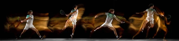Mann spielt Tennis auf schwarzem Hintergrund in gemischtem Licht. Collage aus verschiedenen Fotos von einem fitten jungen männlichen Spieler in Bewegung oder Aktion während eines Sportspiels. — Stockfoto