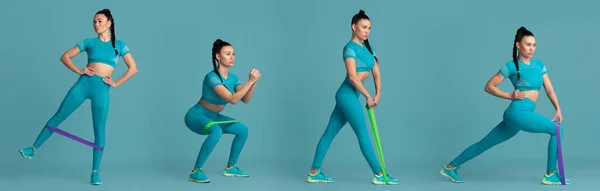 Sport collage of young fit woman in action and motion over blue studio background — 스톡 사진