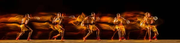 Entrenamiento profesional de boxeador afroamericano en fondo de estudio negro con luz mixta. con estroboscópico, reflejo, efecto espejo. Collage.. — Foto de Stock