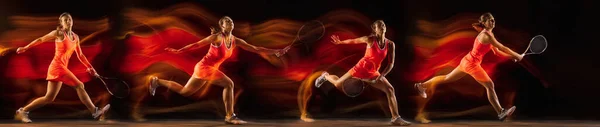 Woman playing tennis on black background in mixed light. Collage made of different photos of 1 fit young female player in motion or action during sport game. — Stock Fotó