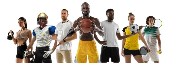 Collage deportivo. Tenis, fútbol, jugadores de baloncesto posando aislados en el fondo blanco del estudio. — Foto de Stock