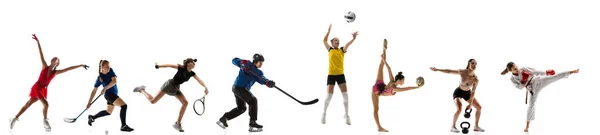 Sport collage. Tennis, volleyball, gymnastics, floorball, figure skating, hockey, gymnastics, taekwondo — Stockfoto