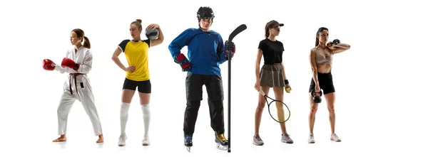 Sport collage. Tennis, hockey, fitness, volleyball players posing isolated on white studio background. — Stock Fotó