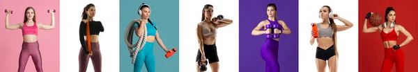 Sport collage of young fit women in action and motion over color studio background. — Stock Fotó