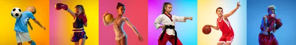 Futebol, basquete, taekwondo, boxe, ginástica e tênis. Colagem de diferentes pequenos desportistas em ação — Fotografia de Stock