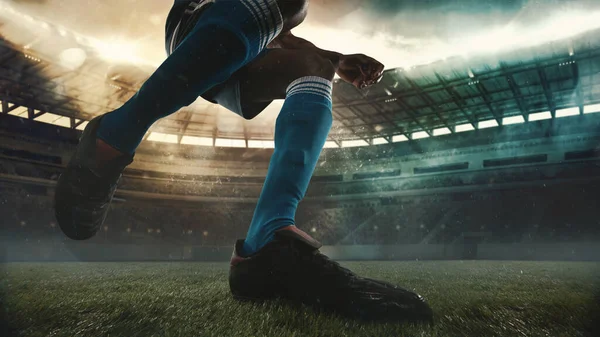 Male soccer, football player catching ball in motion, action at the stadium during sport match on dark sky background. Collage — Stockfoto
