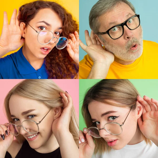 Retratos de un grupo de personas sobre fondos multicolores. Folleto, collage de 4 modelos. —  Fotos de Stock