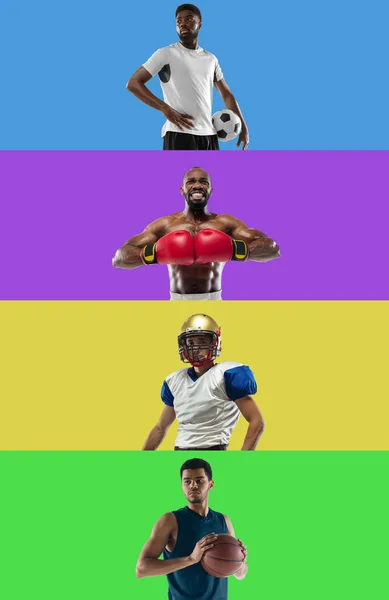 Koláž různých profesionálních sportovců, fit lidí izolovaných na barevném pozadí. Oznámení. — Stock fotografie