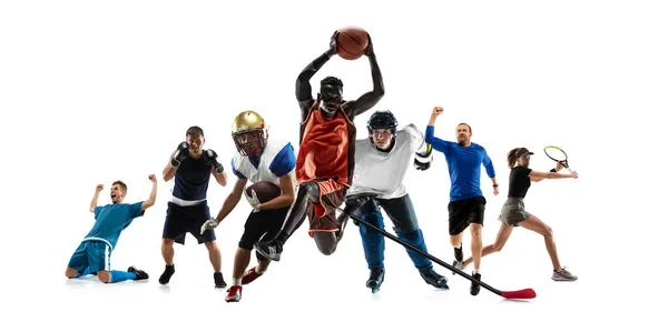 Sport-Collage. Hockey, Fußball und American Football, Volleyballer isoliert auf weißem Studiohintergrund. — Stockfoto