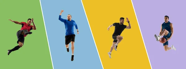 Collage di diversi sportivi professionisti, si adattano persone isolate su sfondo colore. Volantino. — Foto Stock